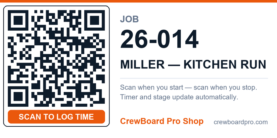 CrewBoard Pro job traveler sticker — job number, job name, and a scan-to-log-time QR code on a 4 by 2 inch Avery 8163 label